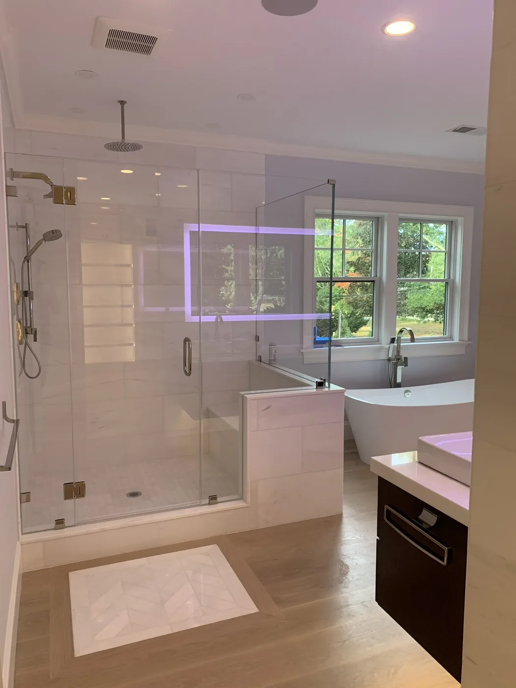 Master bathroom with a frameless glass shower, freestanding tub and wide window