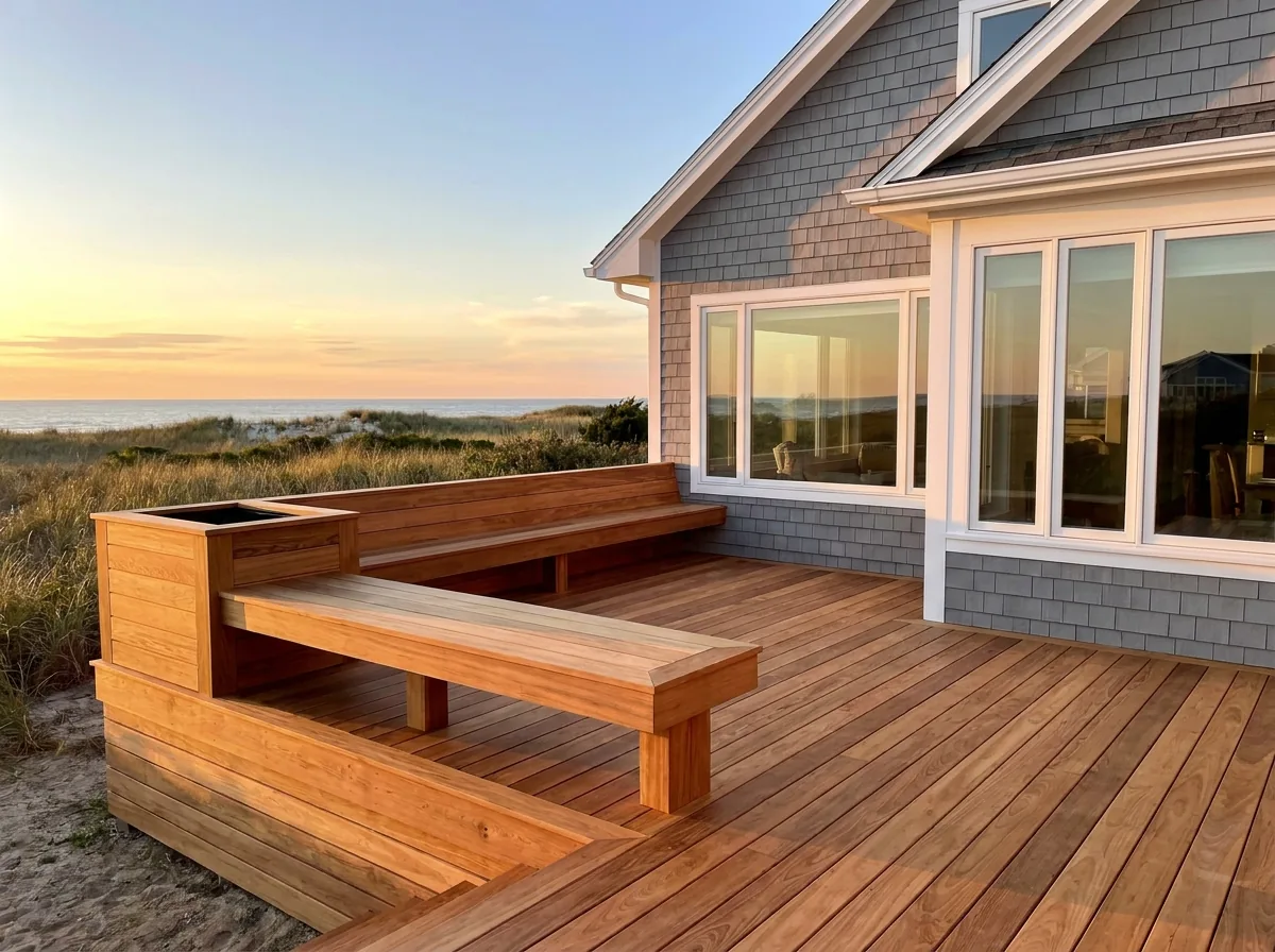 Cedar deck with a built in bench on a coastal shingle home