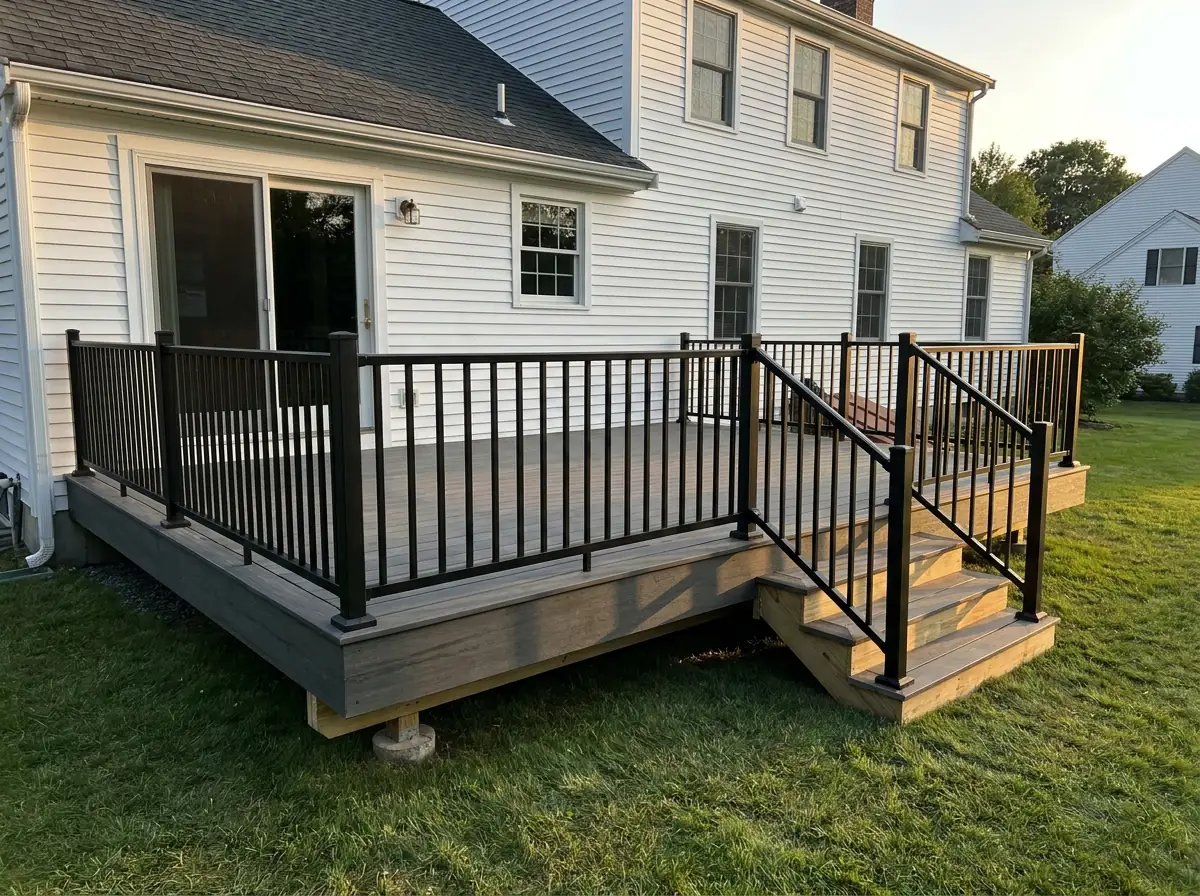 Composite deck with black aluminum railing on a colonial home