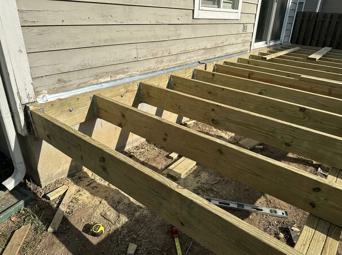 Pressure treated deck framing with the ledger flashed to the house