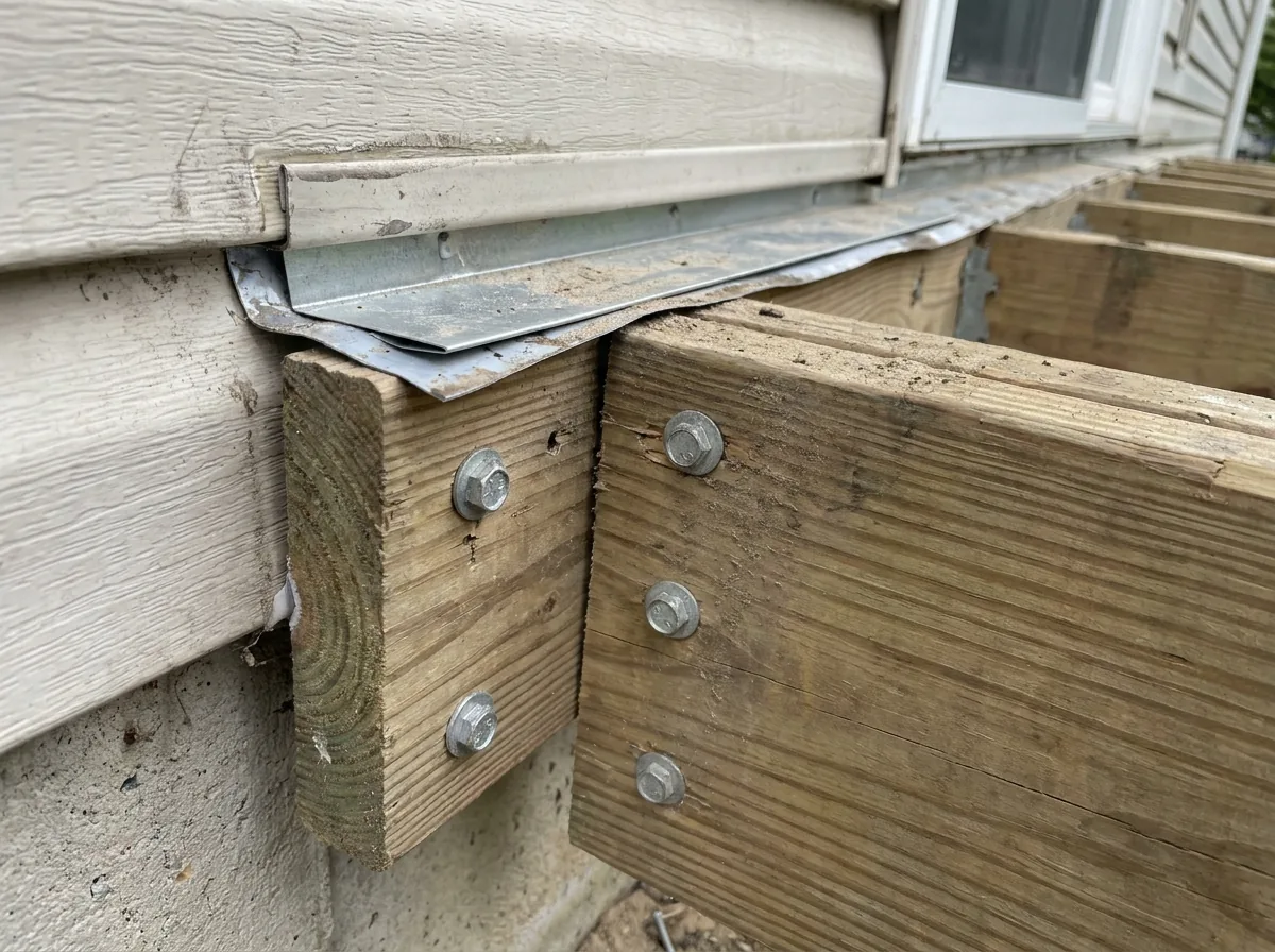 Ledger board bolted to the house with flashing tucked under the siding