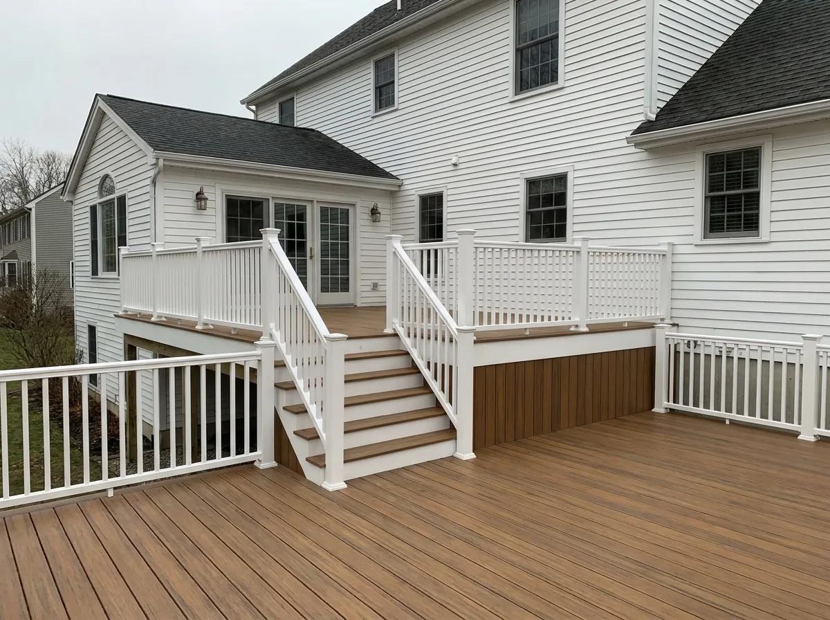 Multi level composite deck with stairs and white railing