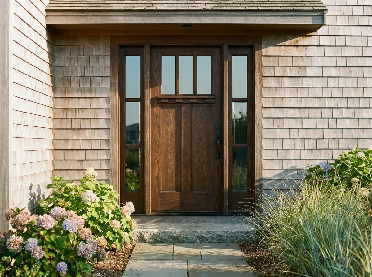 Craftsman style front door with side lights on a cedar shingle home