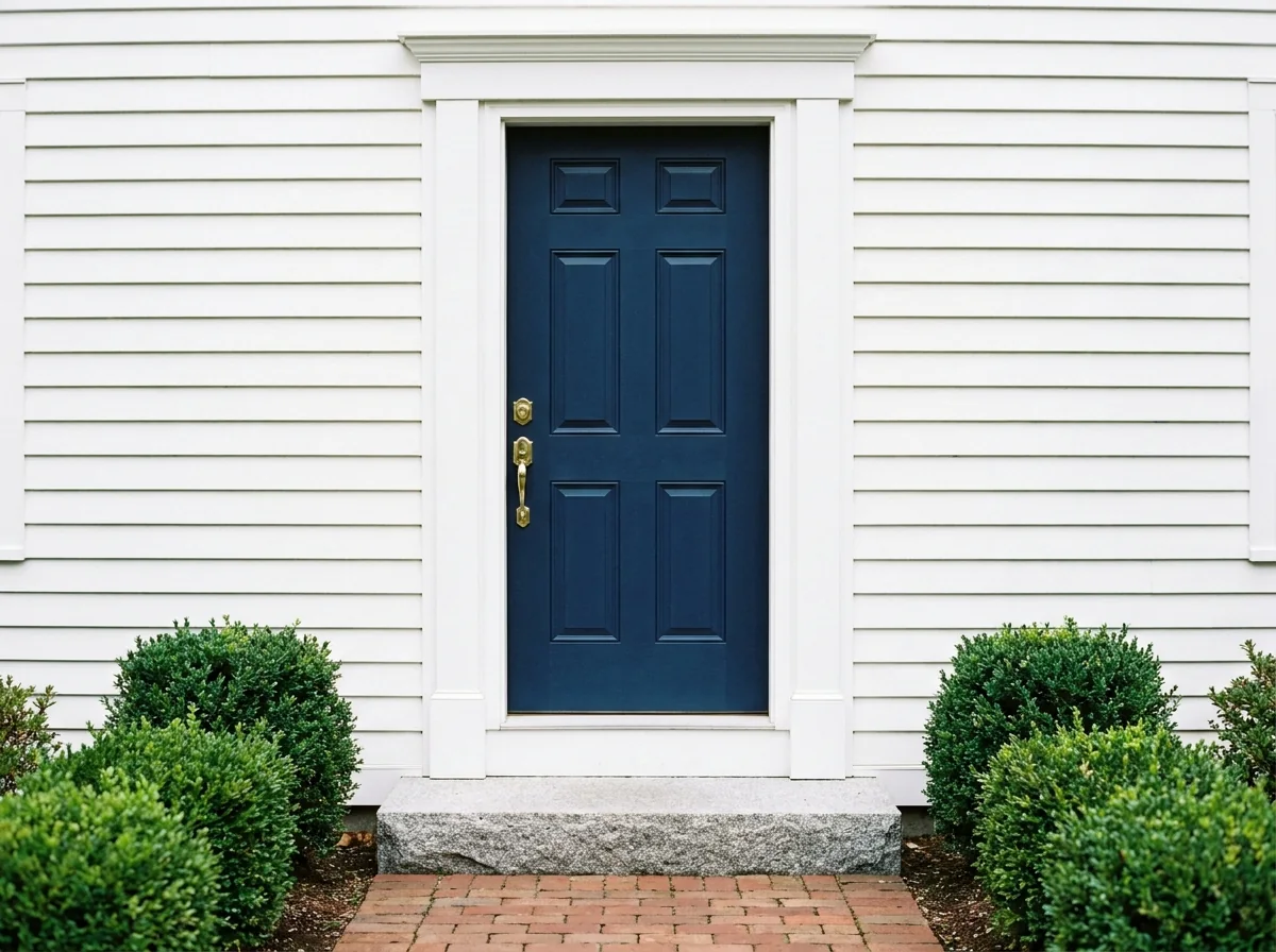 Navy blue six panel entry door with brass hardware and white trim