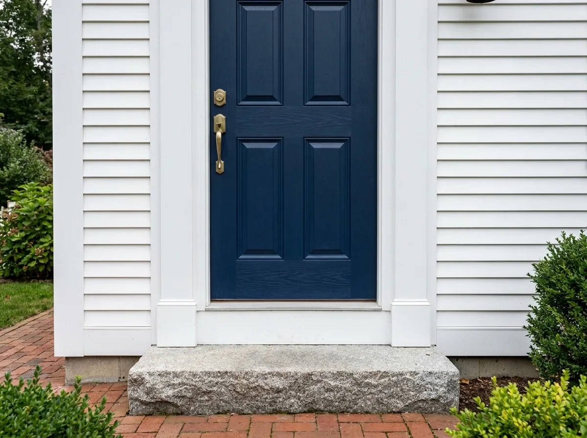 Navy blue fiberglass entry door with white trim and a granite step