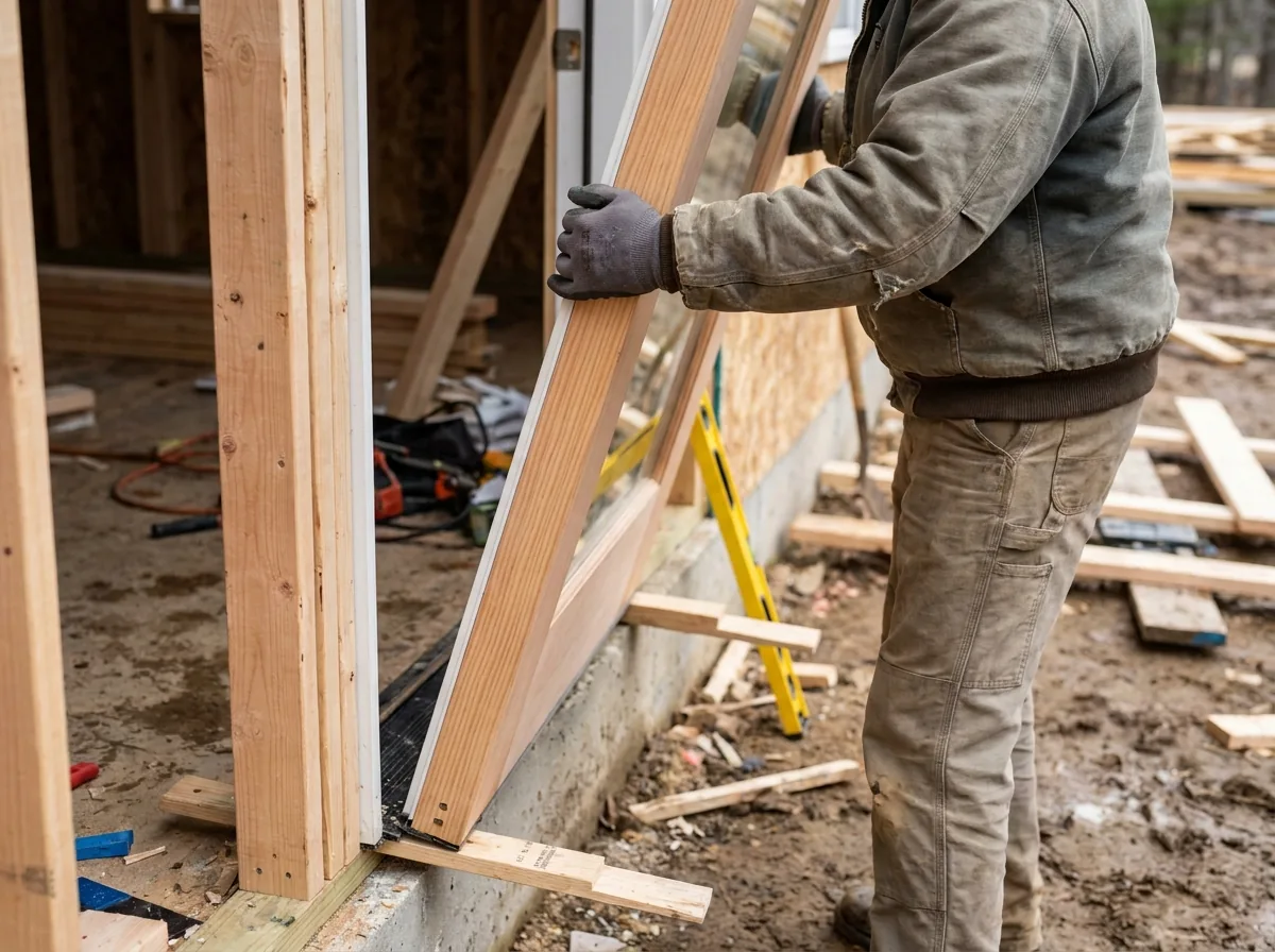 Exterior door being set into a framed opening