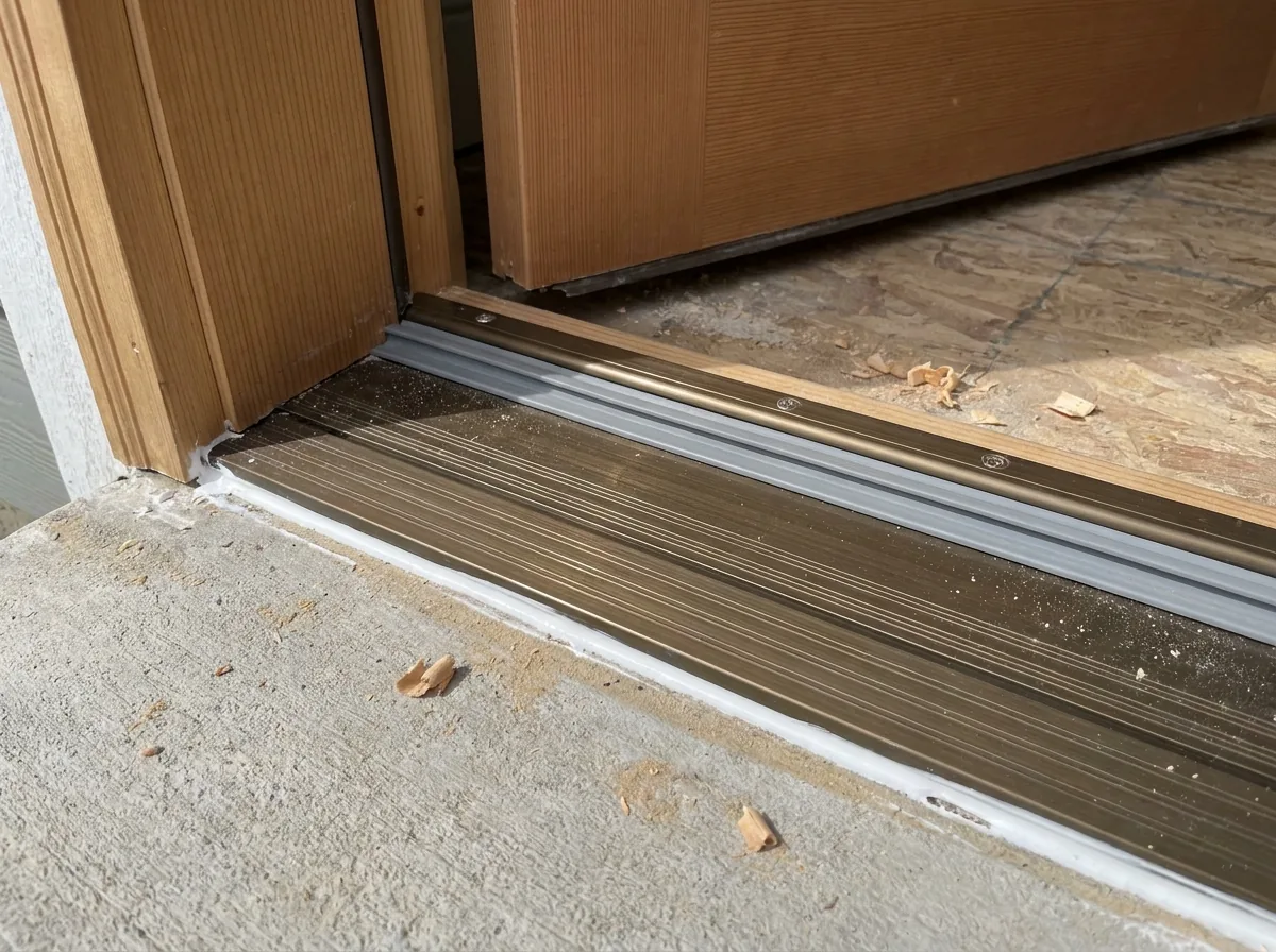 Threshold and sill detail on a newly installed exterior door