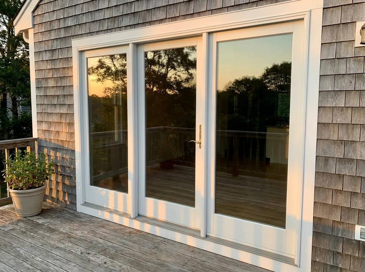 White sliding patio door installed in a cedar shingle exterior