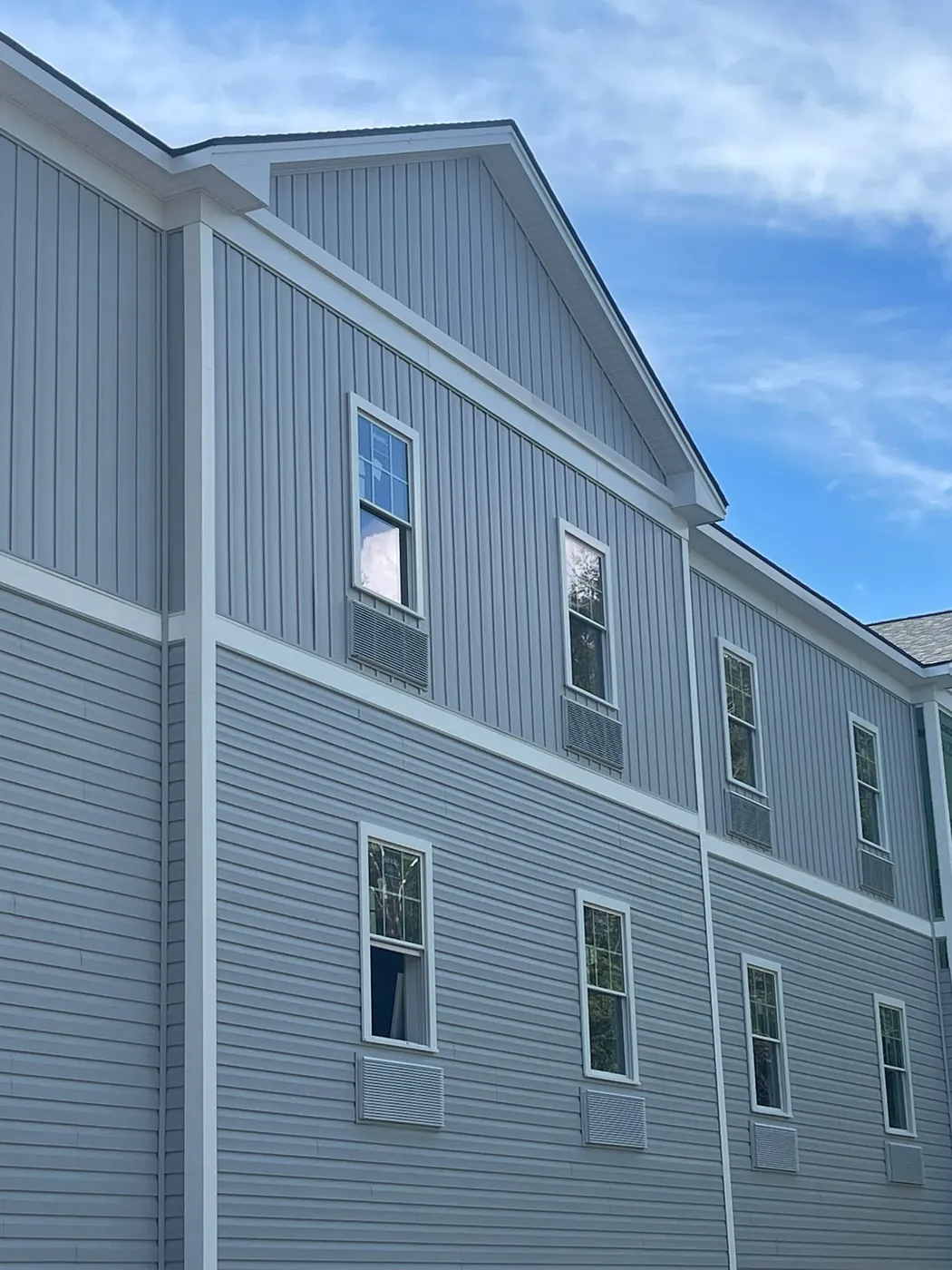 Downspout and gutter run on a completed exterior
